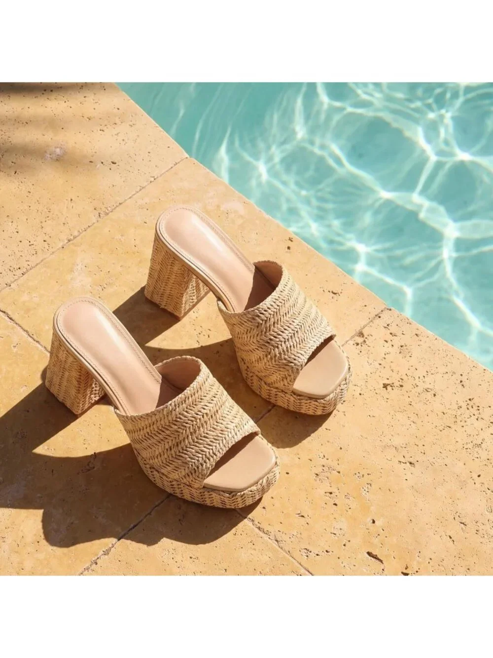 Stylish Raffia Platform Heels for Women - Chunky Block Open Toe Woven Slides